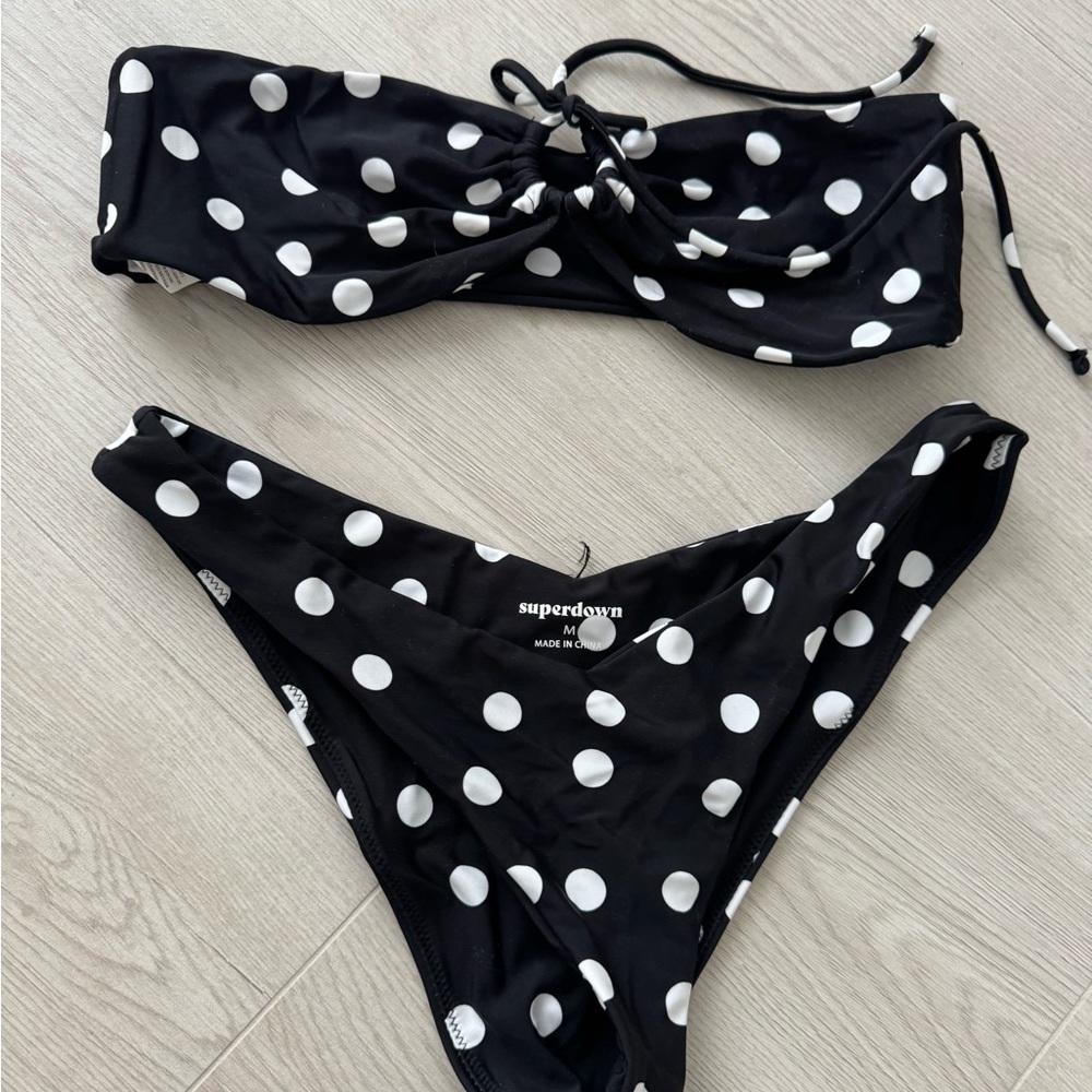 superdown Black and White Polka Dot Bandeau Bikini